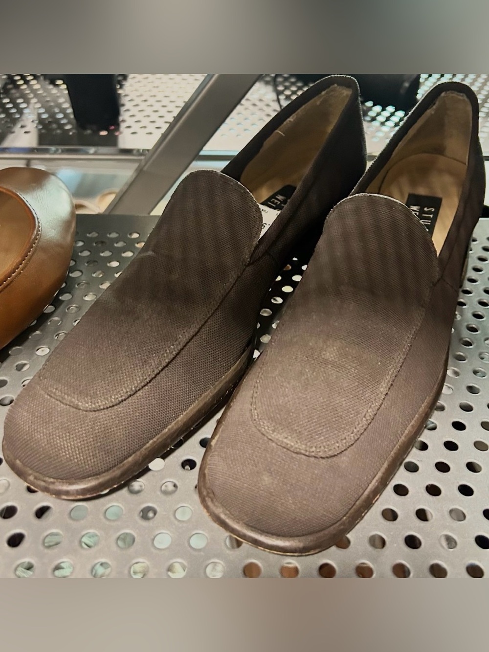 Stuart Weitzman Dark Brown Canvas Slip-On Loafers